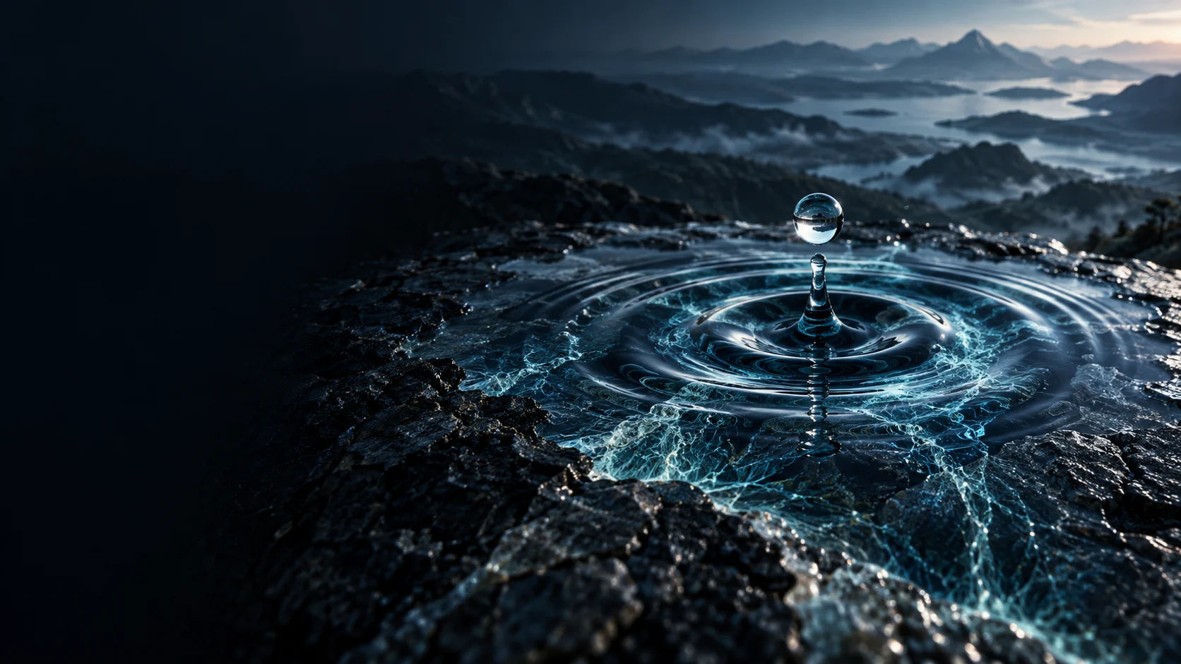 Illustration of a water droplet, material patterns and terrain