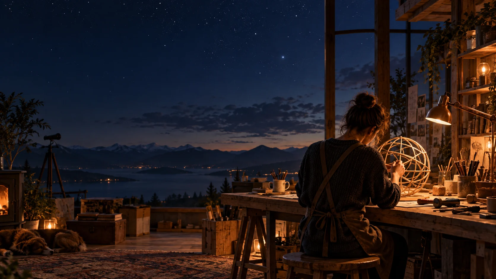 Illustration of a person making something in an open workshop at dusk