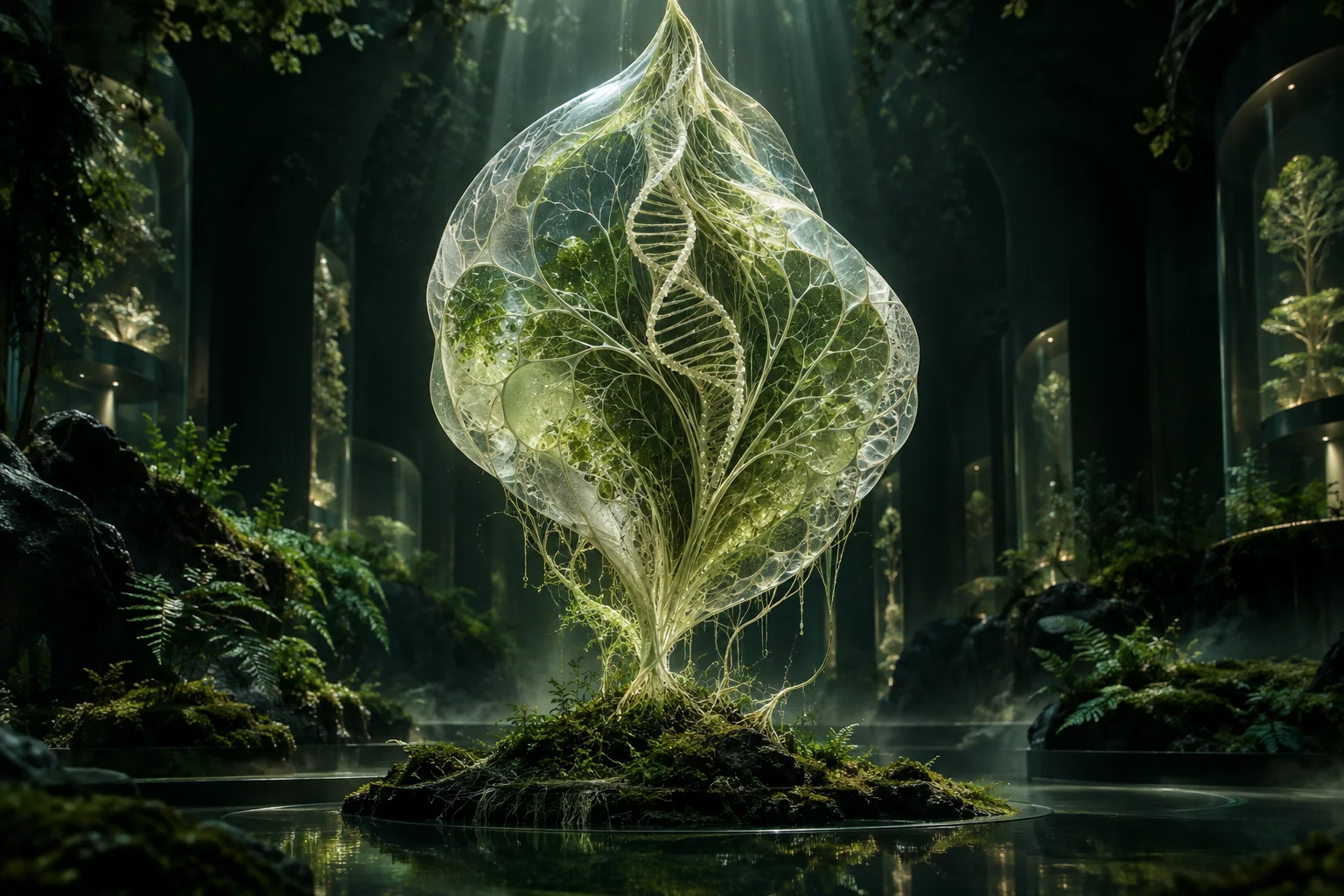 Speculative illustration of a translucent living form, roots and genomic structures